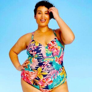 Kona Sol Floral Hibiscus One Piece Swimsuit Size 20W Bikini Strappy Ruched